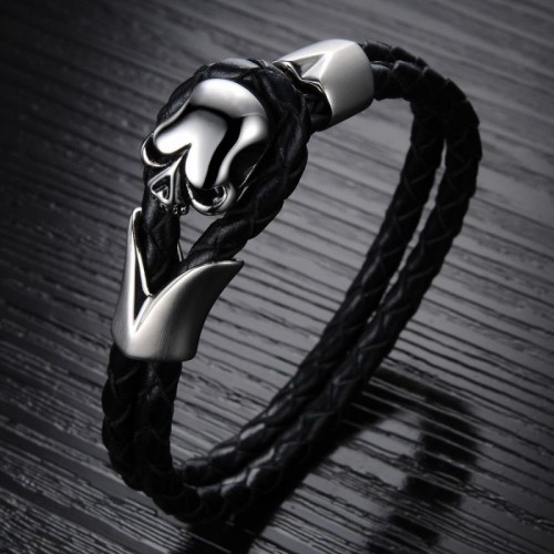 Men's Black Color Skull Leather Bracelet image