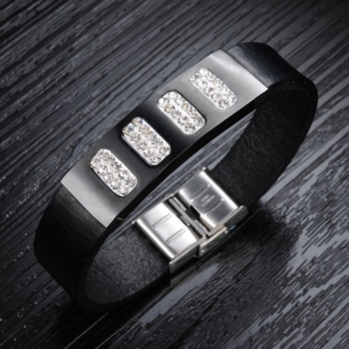 Crystal Bead Leather Bracelet For Men image