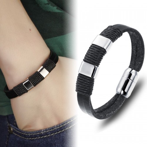 Stainless Steel Magnetic Leather Bracelet image