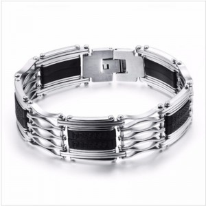 Black & Silver Men's Bracelet Stainless Steel Silicone