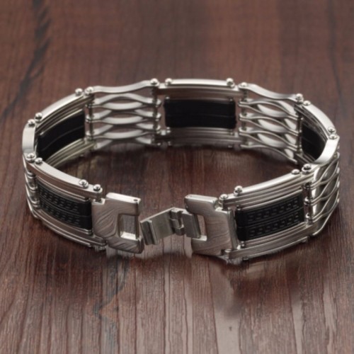 Black & Silver Men's Bracelet Stainless Steel Silicone