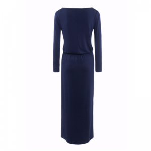 Round Neck With Leather Belt Long Sleeves Maxi Dress-Blue