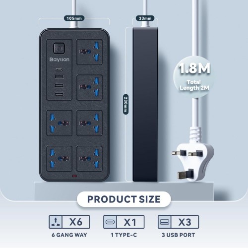 Baytion Universal Extension Lead With Multiple Function Plug 3 Pin Socket Outlet With 6 Gang 3 USB Port image