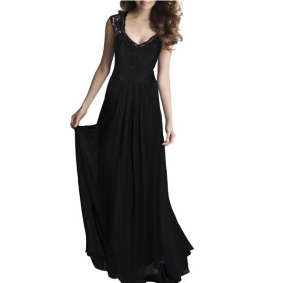 New Princess Style With Long Lace Hollow Small Back V Neck Maxi Dress-Black image