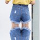 Women's High waist buckle sexy hole denim Elastic Jeans Skirt-Light Blue image
