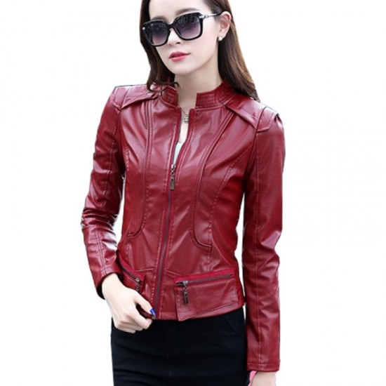 Latest Trending Body-fit Leather Women Casual Jacket-Red image