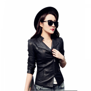 Slim Body Fit Women Paragraph Casual Leather Jacket-Black