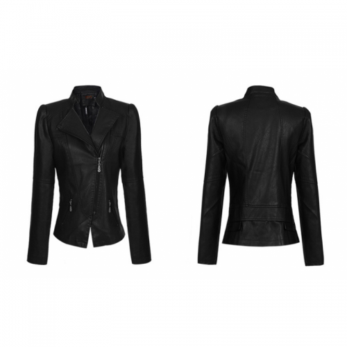 Slim Body Fit Women Paragraph Casual Leather Jacket-Black image