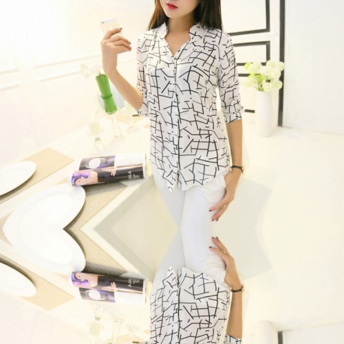 New Fashion Women's Irregular Striped Style Casual Shirt-White image