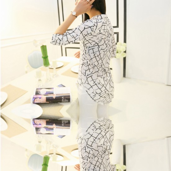 New Fashion Women's Irregular Lines Style Striped Casual Shirt-White image