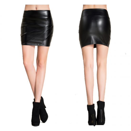 Women Stylish Sexy High Waist Leather Mini Skirt-Black image