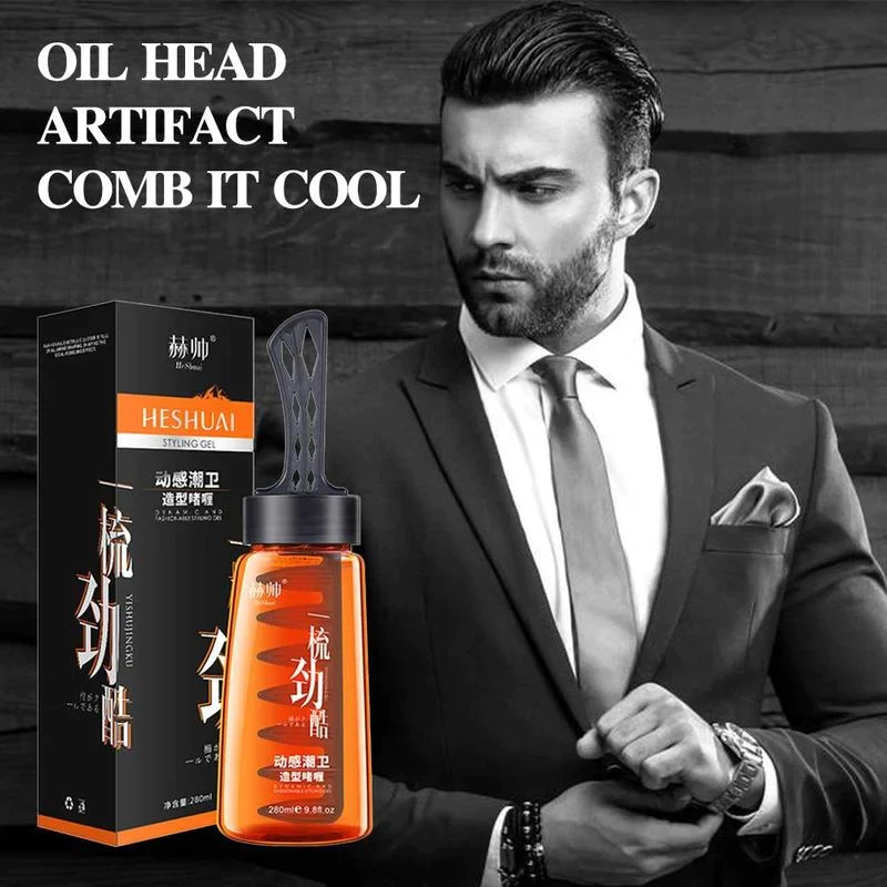 2-in-1 hair styling gel with comb, offering long-lasting hold and quick styling for men, suitable for salon-level hair grooming