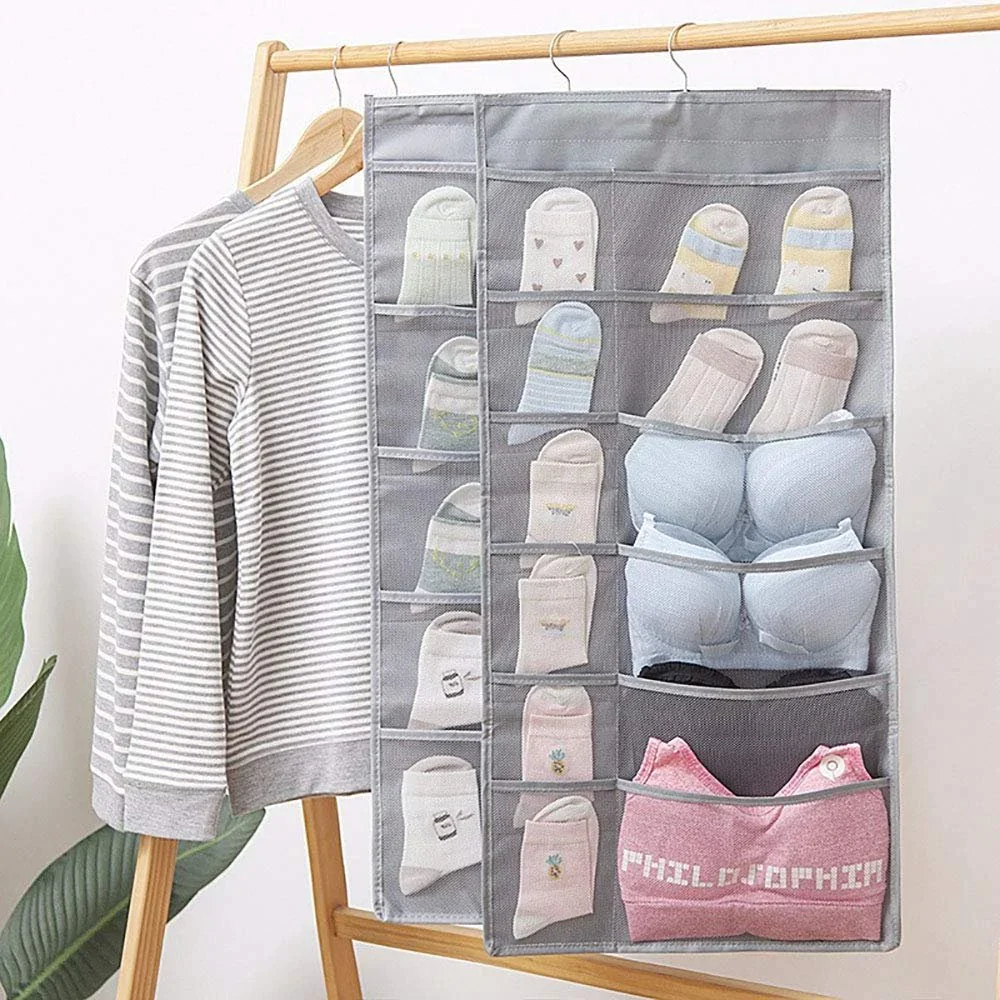 Dual Sided Closet Hanging Organizer With Mesh Pockets &amp; Rotating Metal Hanger - Grey image